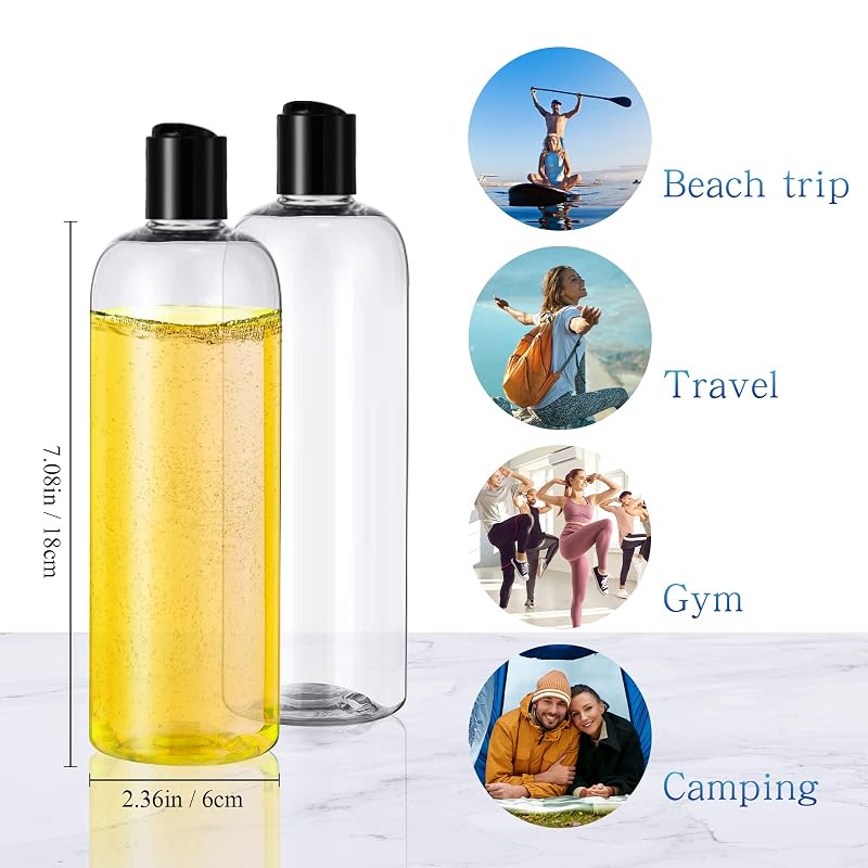 Nuenen 24-Pack 16 oz Clear Empty Lotion Bottles with Black Disc Caps - Leak-Resistant Travel Containers