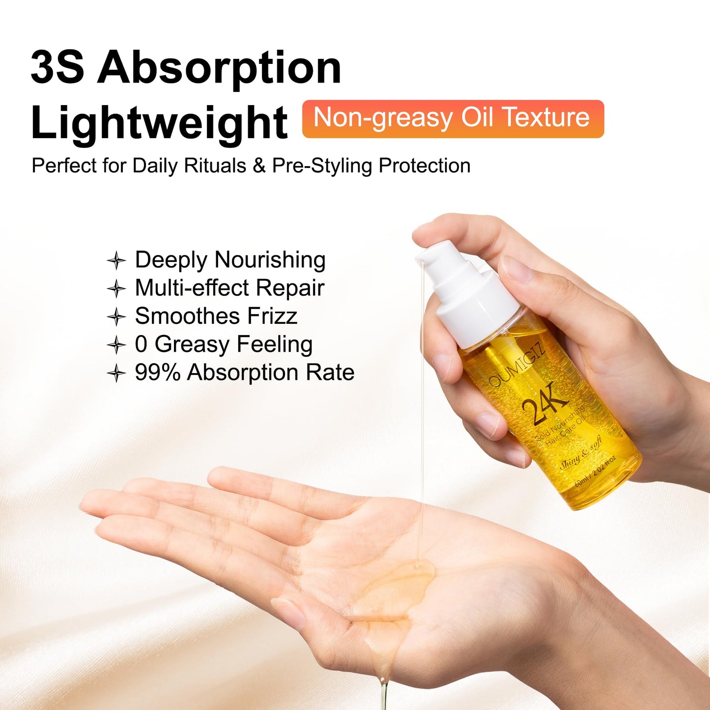 24K Gold Hair Oil, Repair Shine Serum with Coconut, Argan & Olive Oils - Heat Protectant and Frizz Control - Vegan, Lightweight Leave-In Treatment for Dry Damaged Hair (2.02 Fl Oz (Pack of 1))