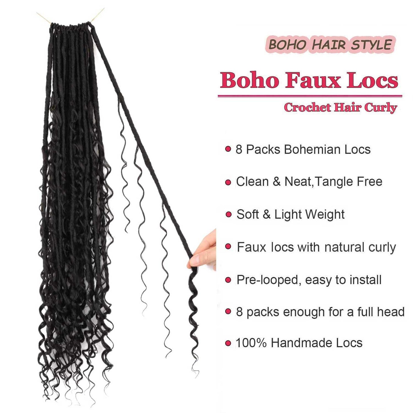 Boho Faux Locs Crochet Hair 24 Inch 8 Packs Soft Locs Curly Ends Bohemian Goddess Locs Crochet Hair for Black Women (1B, 24 Inch(pack of 8))