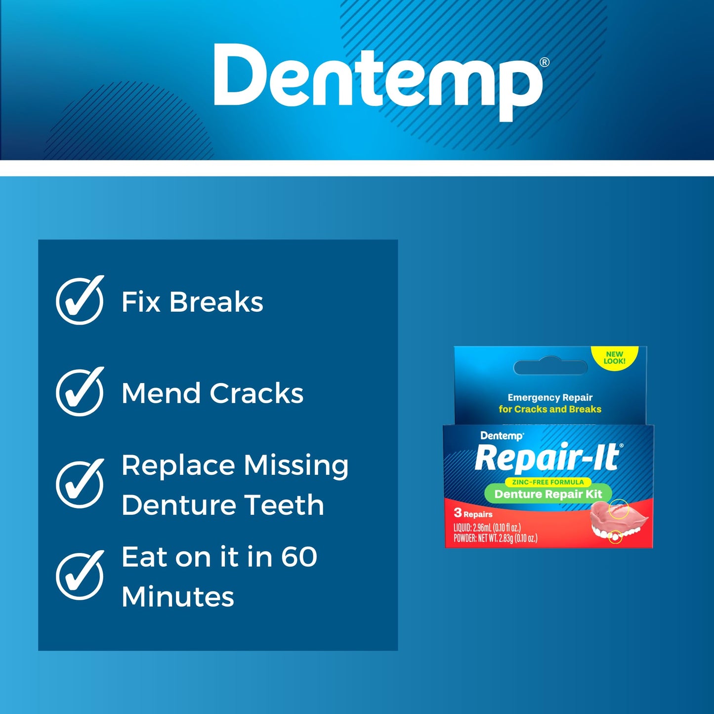Dentemp Repair Kit - Repair-It Advanced Formula Denture Repair Kit - Denture Repair Kit Repairs Broken Dentures - Denture Repair to Mend Cracks & Replace Loose Teeth