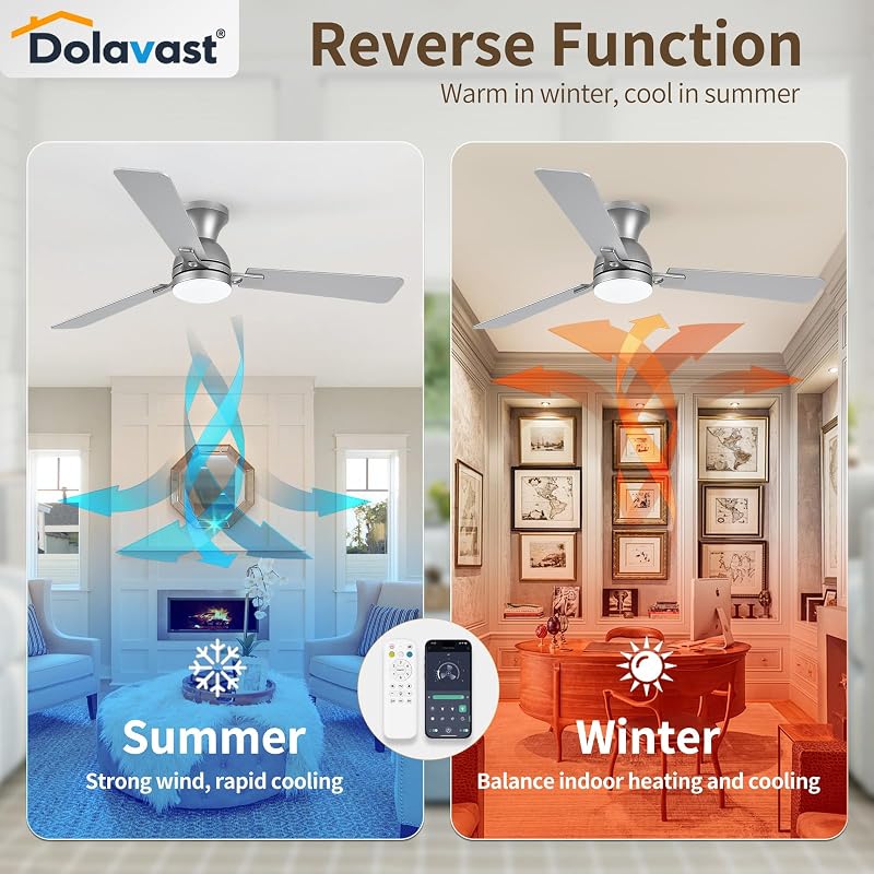 52-Inch Nickel Ceiling Fan with Light, DC Motor, Remote & App Control - Low Profile, Dimmable LED
