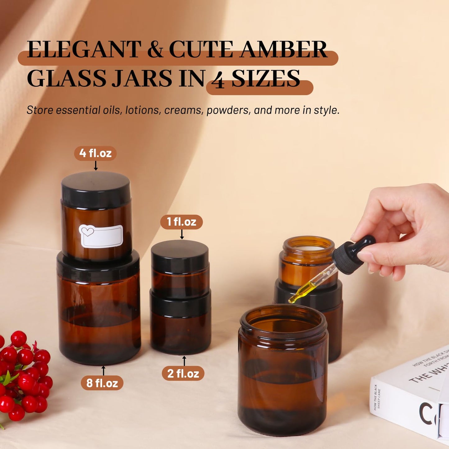 2oz Amber Glass Jars with Lids 24Pack- 2 oz Airtight Small Jars with Lids&Stickers for Cosmetics, Body Butter, Candle Making (2fl.oz-24Pack)