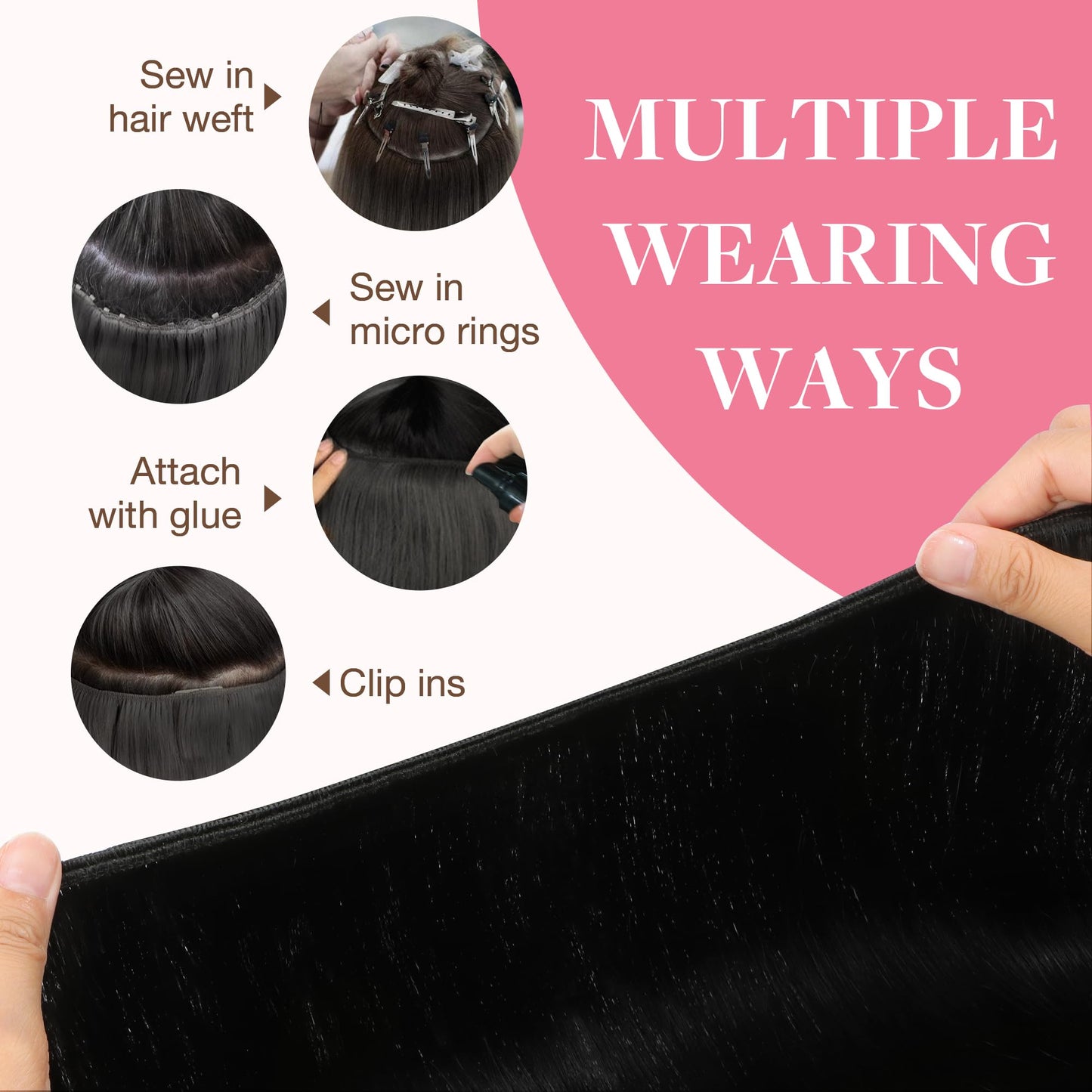 GOO GOO Sew in Hair Extensions Real Human Hair, Weft Hair Extensions Human Hair, 1 Jet black 22inch 110g, Weft Bundles Straight Silky Remy Hair