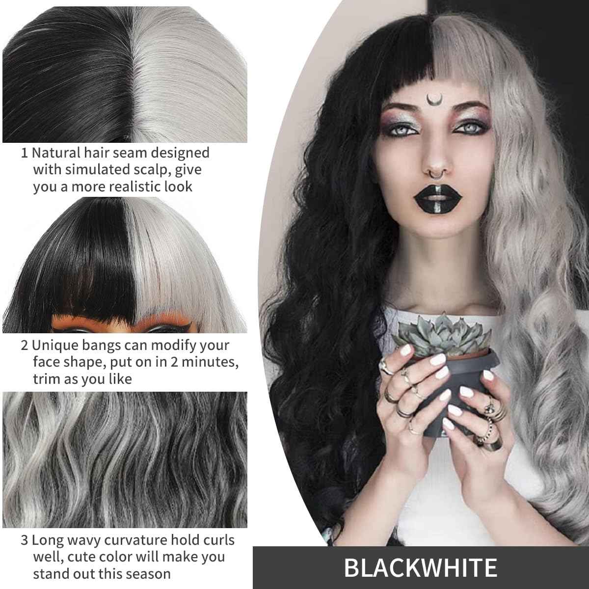meiliprotea Long Wavy Silver Grey and Black Wig with Bangs Black Grey Split Dye Wigs for Women 26 Inches Glueless Synthetic Bangs Wig for Daily Christmas Party Cosplay Halloween Use (Black and Grey)