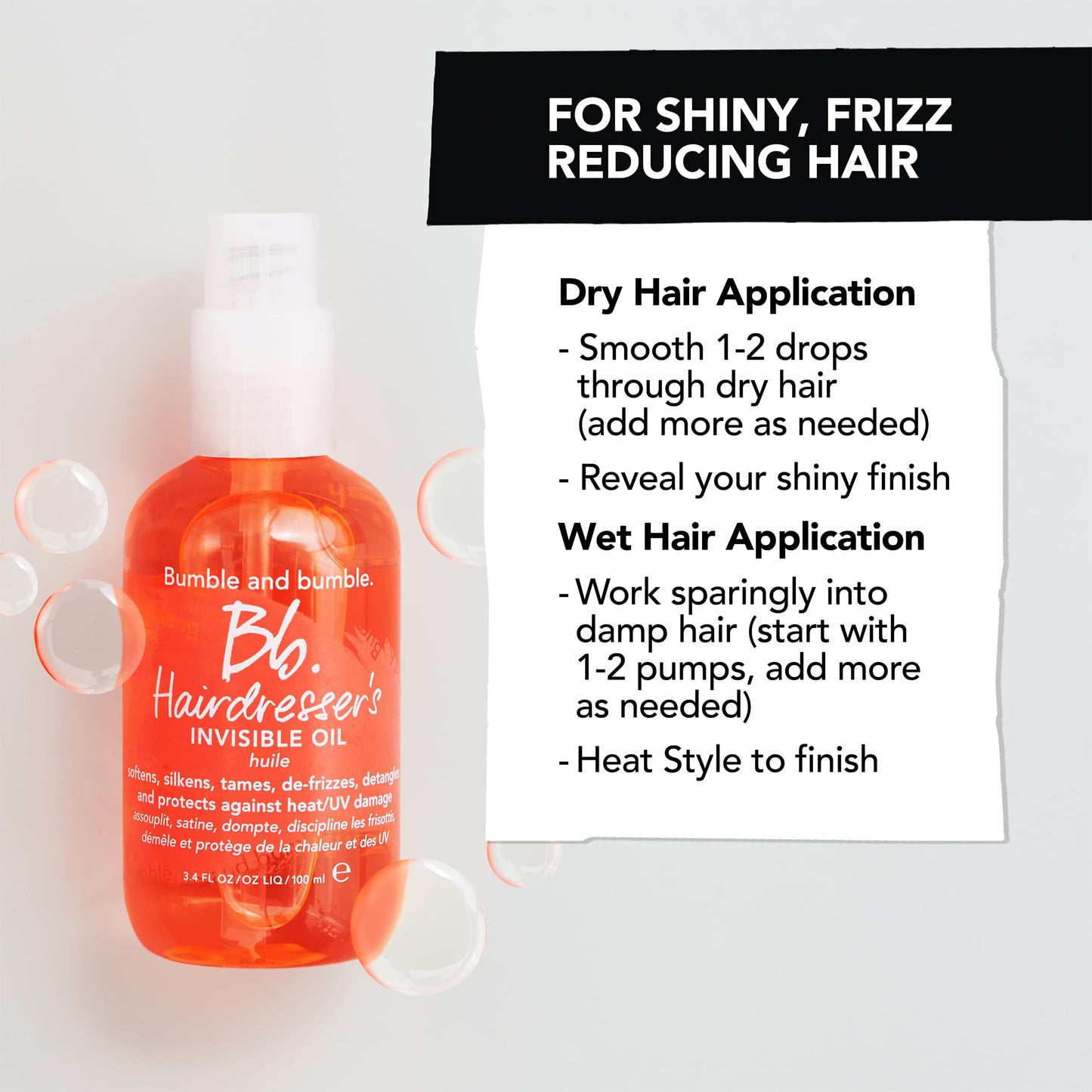 Bumble and bumble. Hairdresser's Invisible Oil Frizz-Reducing Hair Oil | Heat Protection, Frizz Control + Shine | Curly, Wavy, Straight | With Argan, Coconut, + Grapeseed Oil, 3.4 Fl Oz