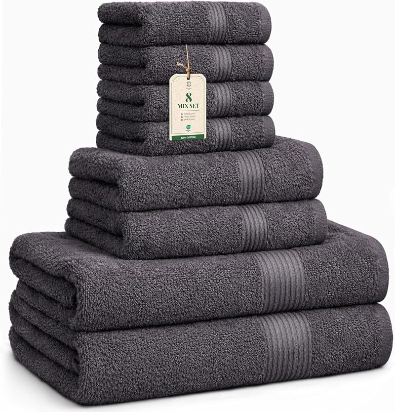 Dark Grey Luxe 8-Piece Cotton Towel Set – 2 Bath, 2 Hand, 4 Washcloths, 500 GSM