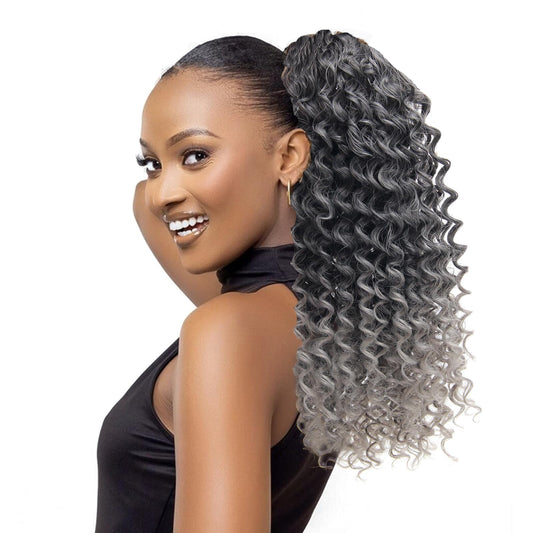 YXCHERISHAIR Ponytail Extension,Curly Wavy Ponytail Ombre Blonde Drawstring Ponytail Hair Extensions for Women Natural Wavy Synthetic Hairpiece for African Women Daily Use party(1B/Grey, 18inch)