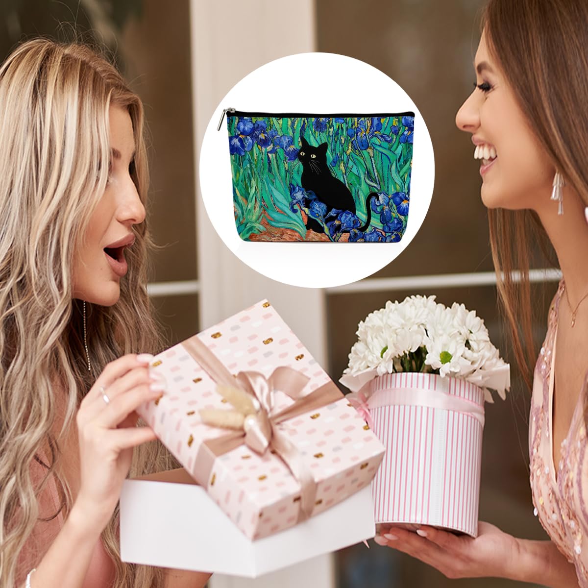 Floral Cat Makeup Bag, Cat Gifts Cosmetic Bags, Aesthetic Design Canvas Zipper Organizer Pouch Cute Roomy Portable Toiletry Bag Cats Themed Gifts for Girls Women Travel Storage Accessories-5