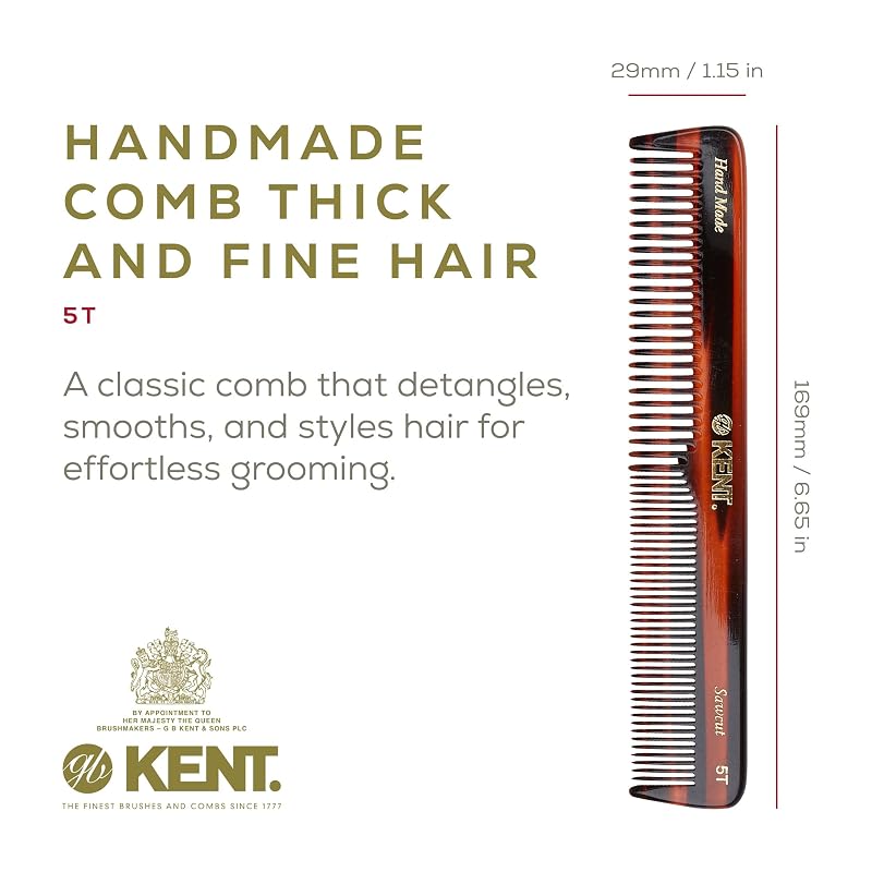 Kent 5T 6.6 Inch Double-Tooth Hair Dressing Comb, Tortoise Shell Finish, 3 Pack