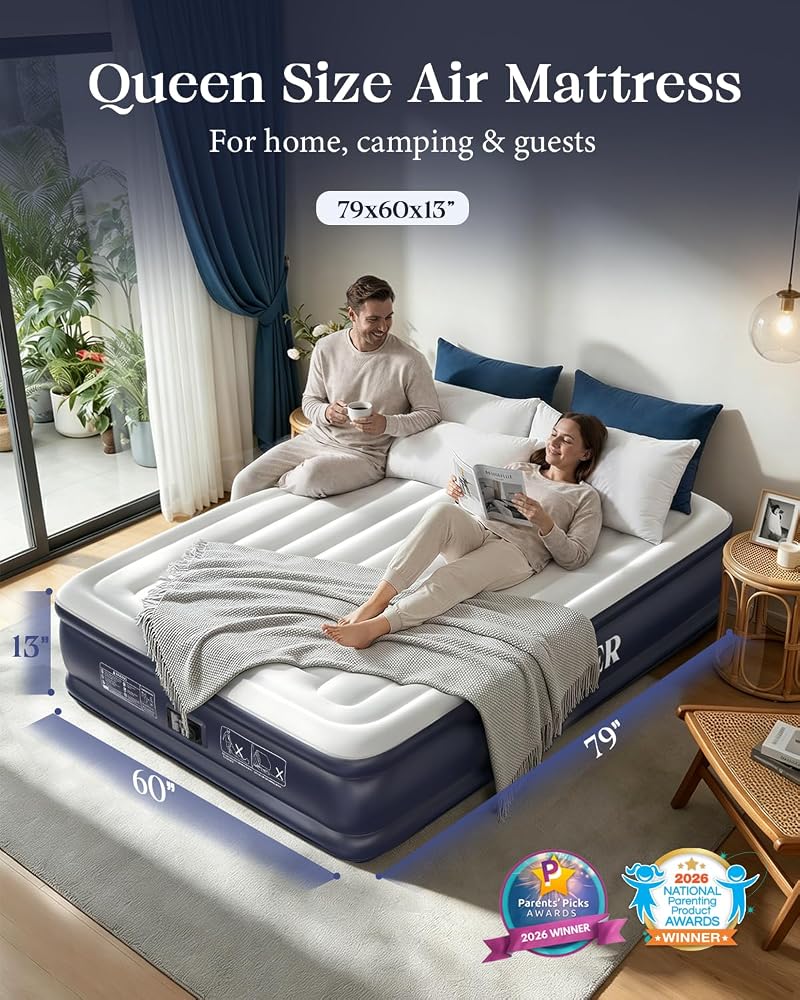 VOSSER Queen Air Mattress with Built-in Pump - 13 Inch, 800 lb cap, Blue Variation