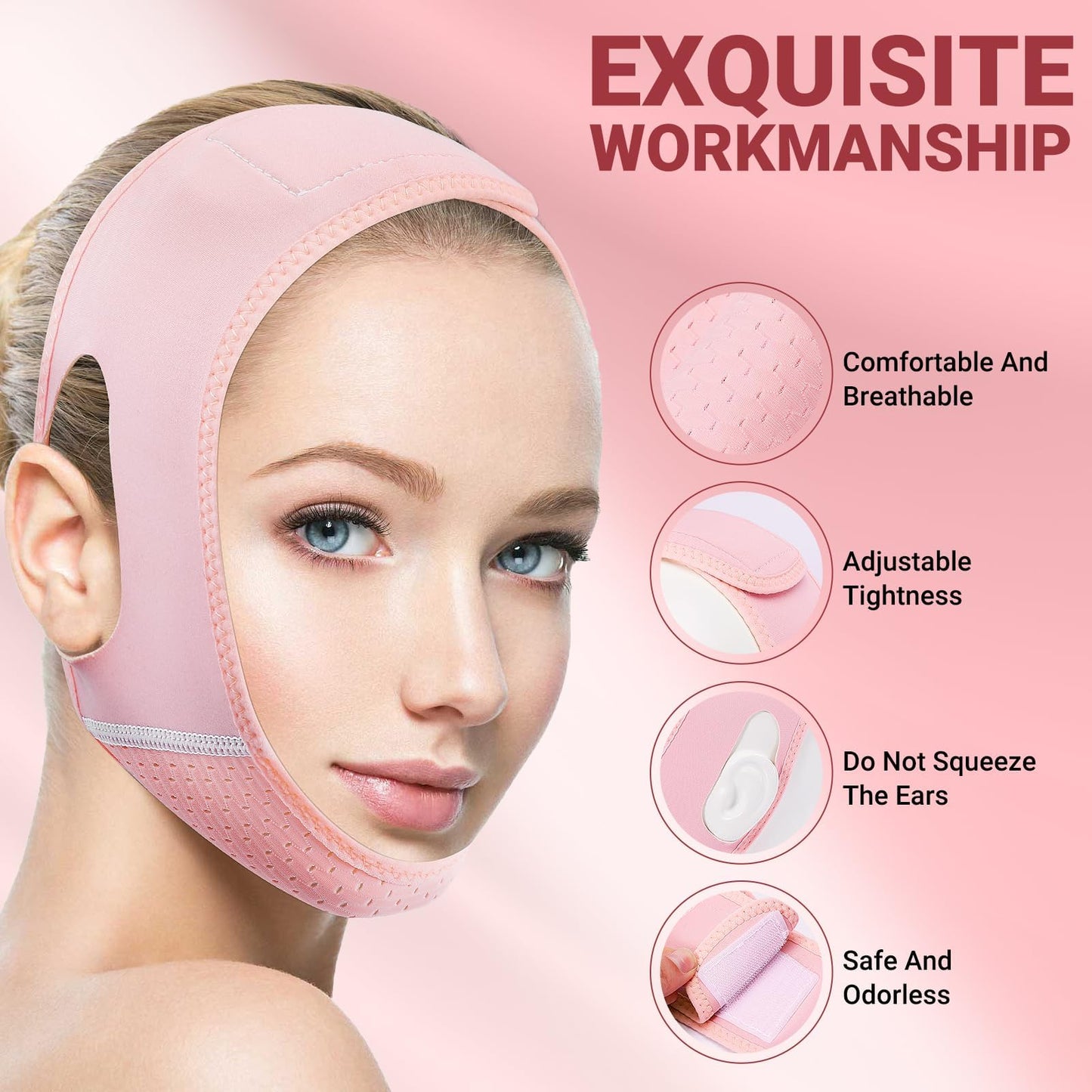 Juskaa Reusable V Line Lifting Mask with Chin Strap for Sleeping,Face Lift Prevent Sagging, Jaw Exerciser,Light Pink,M