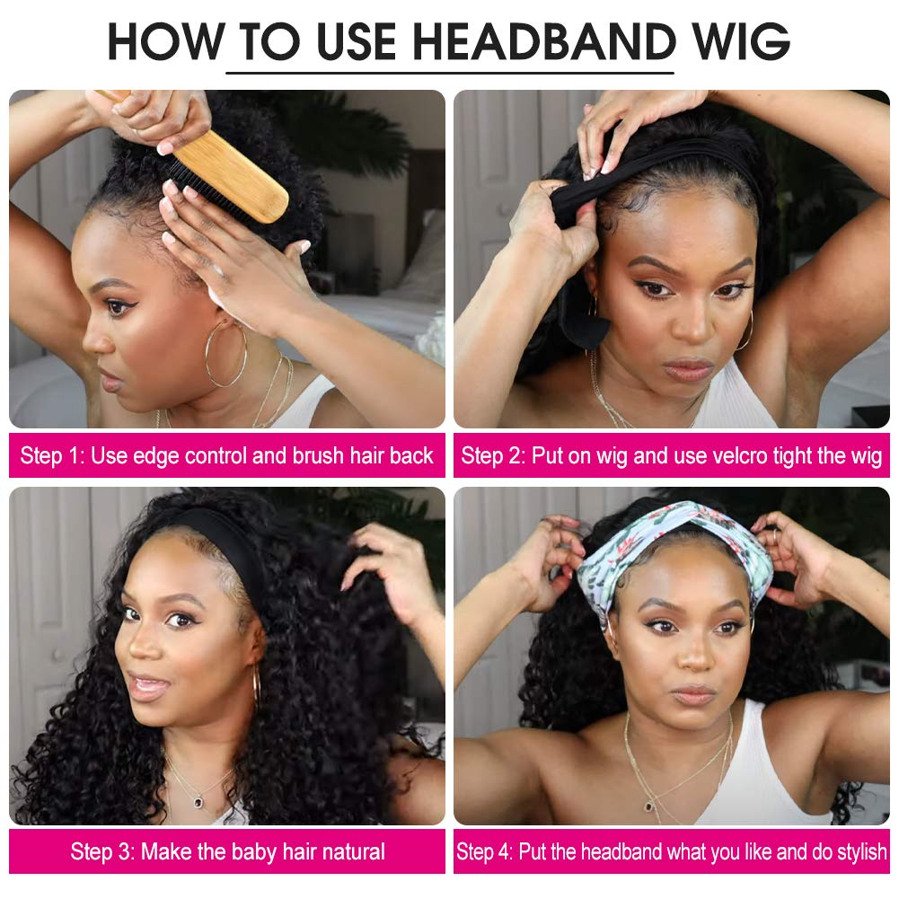 Eooma Curly Headband wig Human Hair 16 inch No Gel Kinky Curly Headband Wigs for Black Women 180 Density Scarf None Lace Front Wigs Human Hair