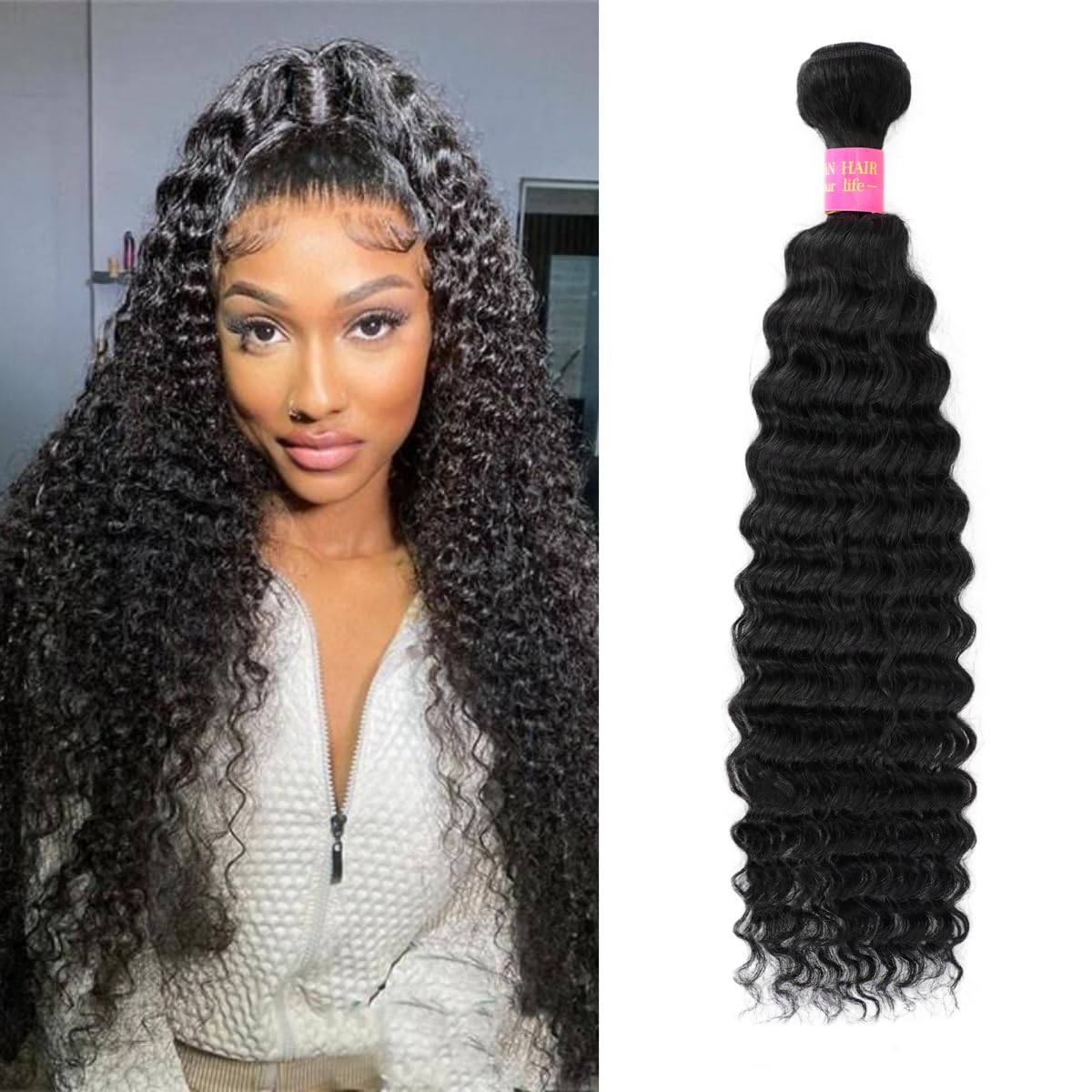 LICHANG 1 Bundle Human Hair 24 Inch 12A Deep Wave Bundles Human Hair 100% Unprocessed Brazilian Virgin Hair Quick Weave Bundle Real Hair For Women Natural Black
