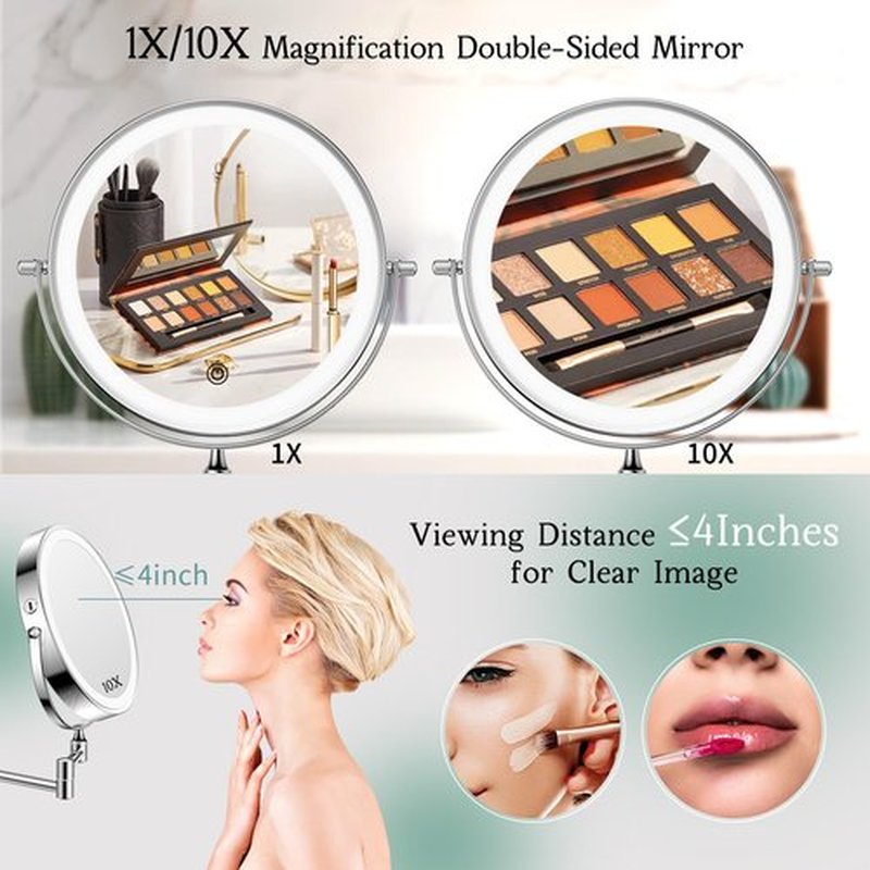 FUNTOUCH Rechargeable Wall Mounted Makeup Mirror with Lights, 1X10X Wall Mount Lighted Magnifying Mirror,Double Sided Wall Mirror for Bathroom,3 Color Lights,Touch Dimmable, Extended Arm 360 Rotation