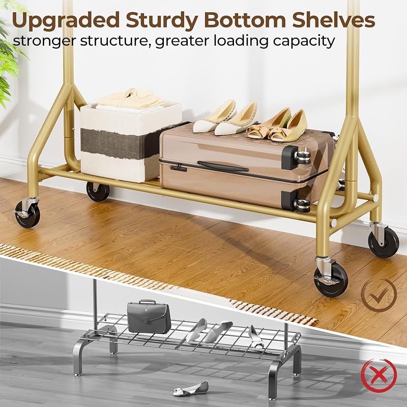 HYSEYY Gold Heavy-Duty Rolling Clothes Rack 450 LBS - 68.5in Wide, Wheel Locks