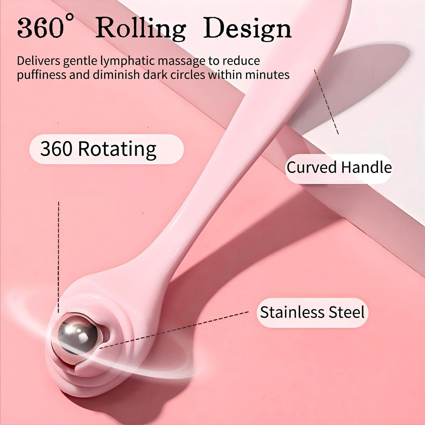 KINTEGOOD Eye Roller Massager with 360 Rotating Stainless Steel Roller Ball, Face and Eye Ice Roller for Dark Circles, Puffiness Relief, 1 Pack, Light Red