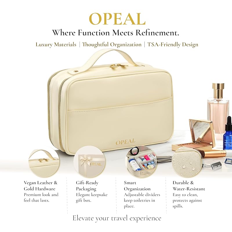 2-in-1 Travel Makeup & Toiletry Organizer with Clear TSA Window - Vegan Leather, Repositionable Compartments, Gift Box - Carry-On Friendly – Cream Beige