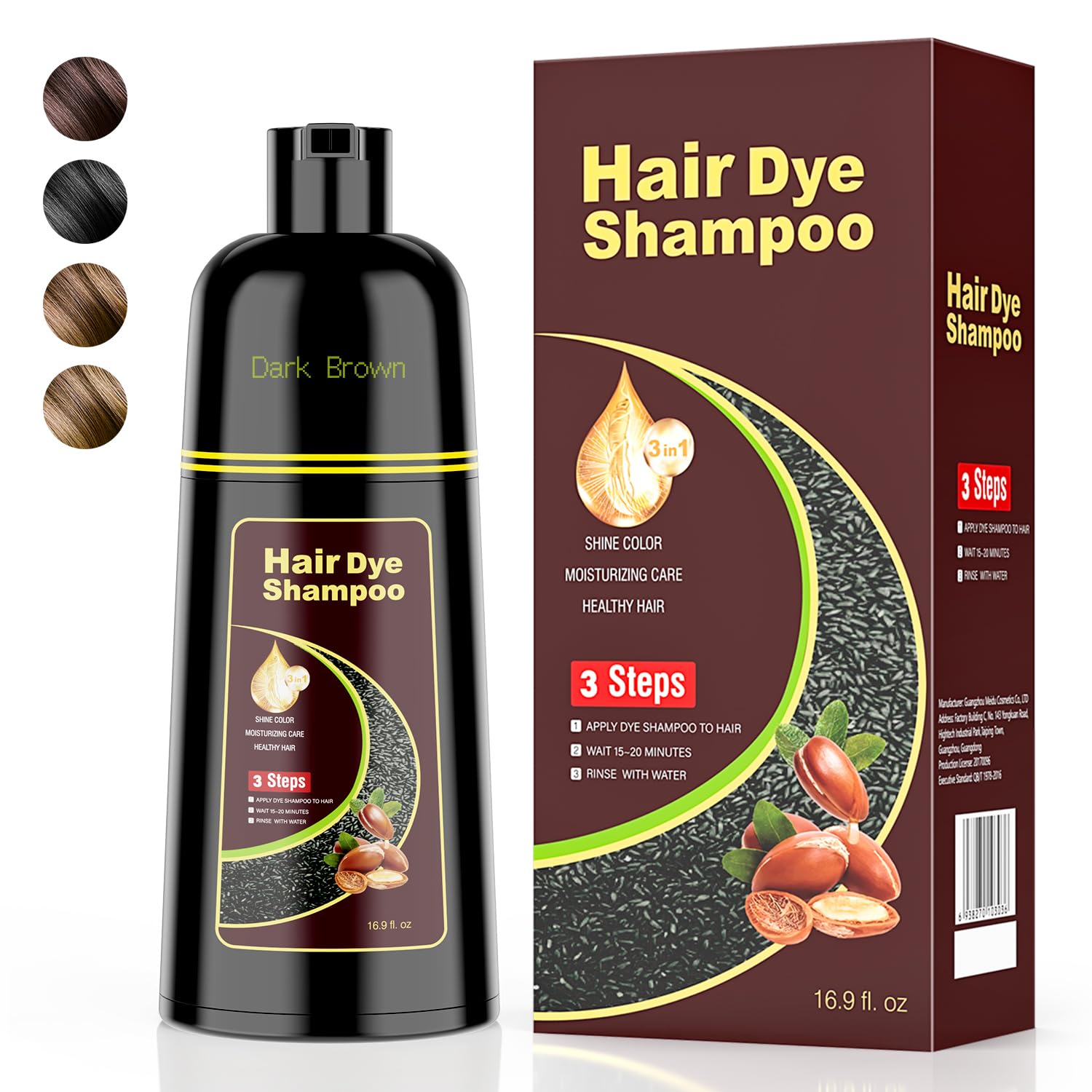 Black Hair Dye Shampoo 3 in 1，Argan Herbal Hair Color Shampoo Covers Gray Hair for Women and Men (16.9 fl.oz Black)