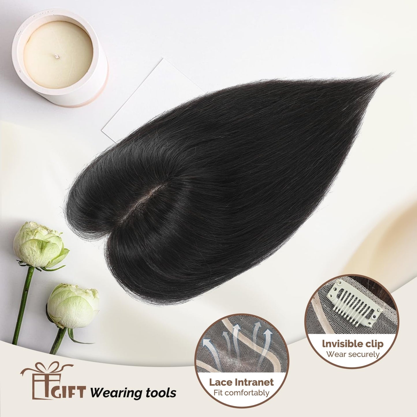 lagomance Hair Toppers for Women Real Human Toppers for Women with Thinning Hair 100% Real Human Hairpieces 12 inch Mono Base Hairpieces for Thinninghair（Natural Black）