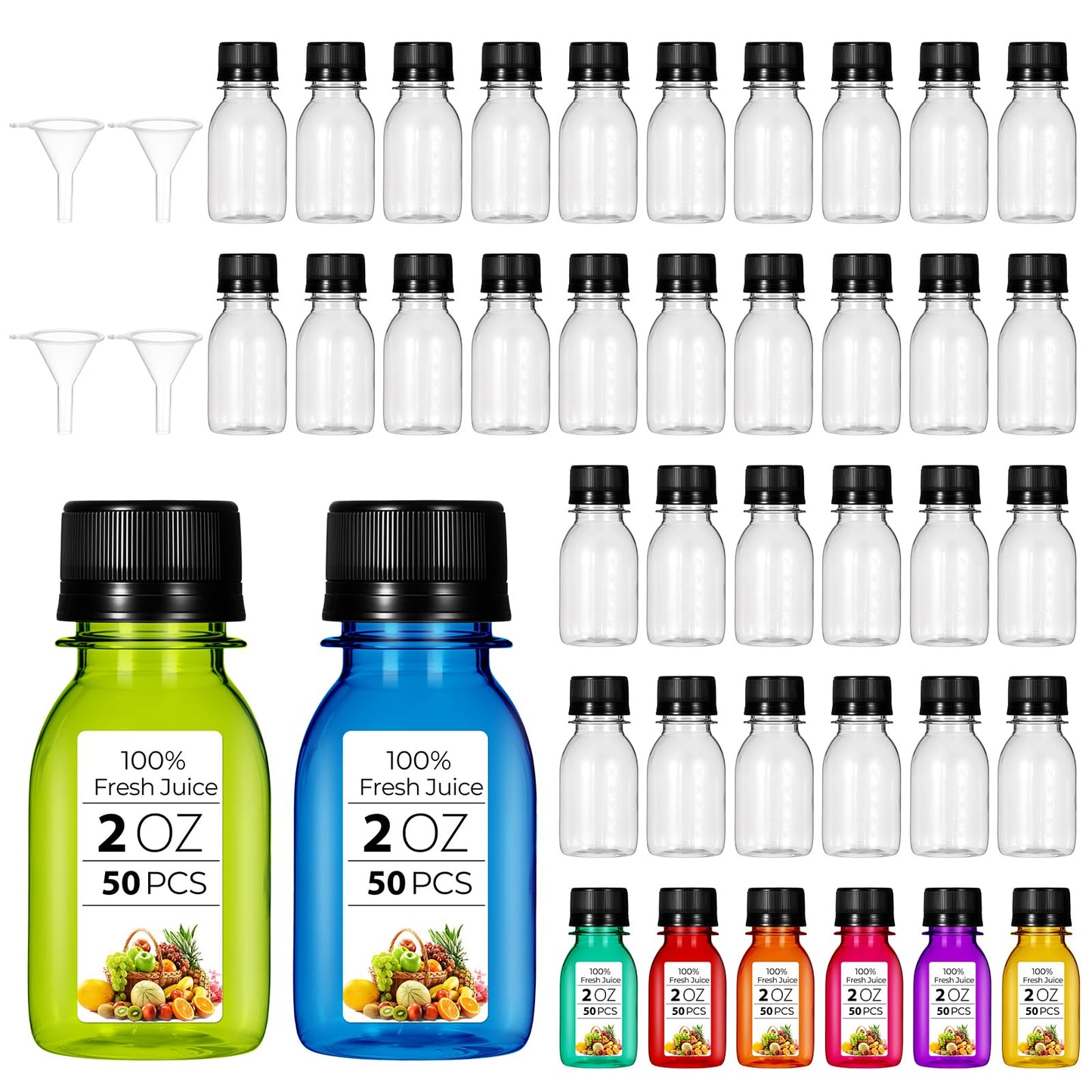 HOFURME 50 Pcs 2oz Plastic Bottles for Liquids, Mini Plastic Bottles with Lids juice bottles with caps with Scale and 4 Pcs Funnels for Juice Ginger Sauce Bulk Portable Travel