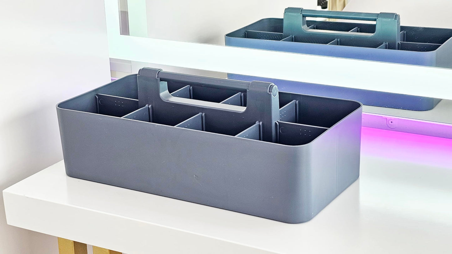 New Plastic Portable Makeup Organizer Caddy Tote Divided Basket Bin with Handle, for Bathroom Storage - Holds Blush Makeup Brushes, Made In USA (Orion Gray)