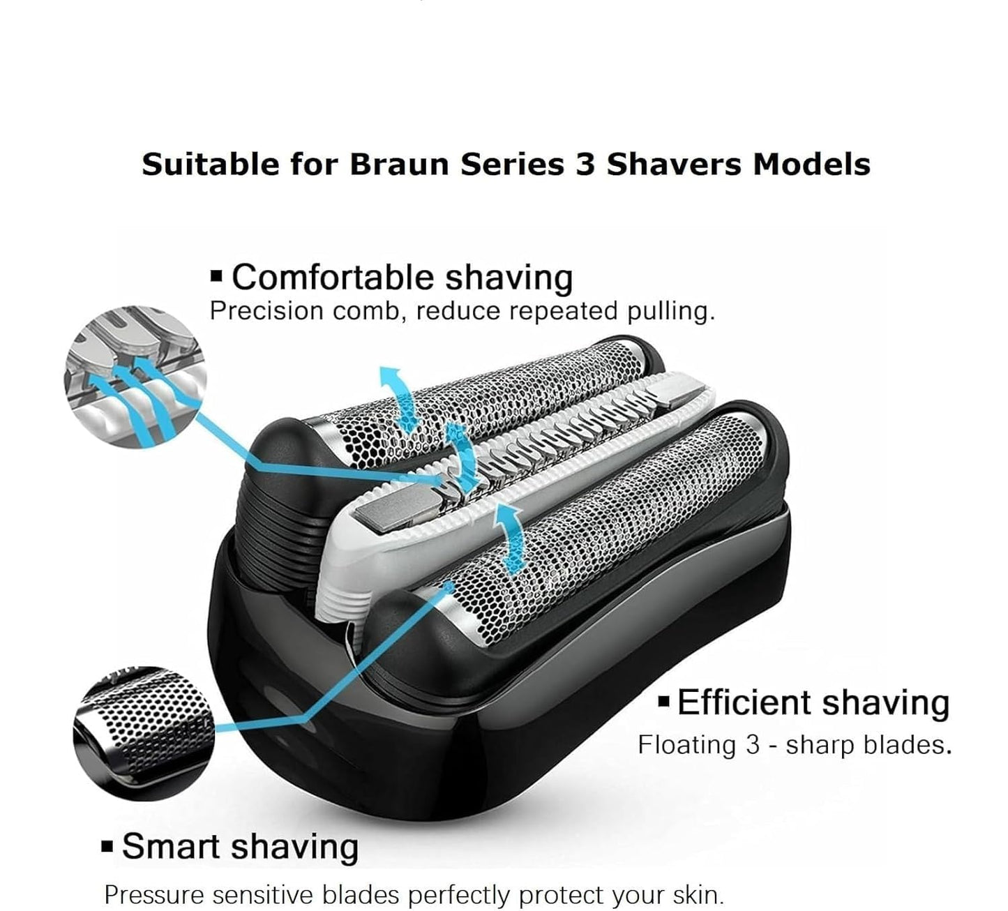 32B Replacement Head Compatible with Braun Series 3 Replacement Head, for S3 Replacement Head 3040 301S 310S 320S 330S 340S 360S 3000S 3010S 3020S 3070cc 3080s Etc Modesl 2-Pack
