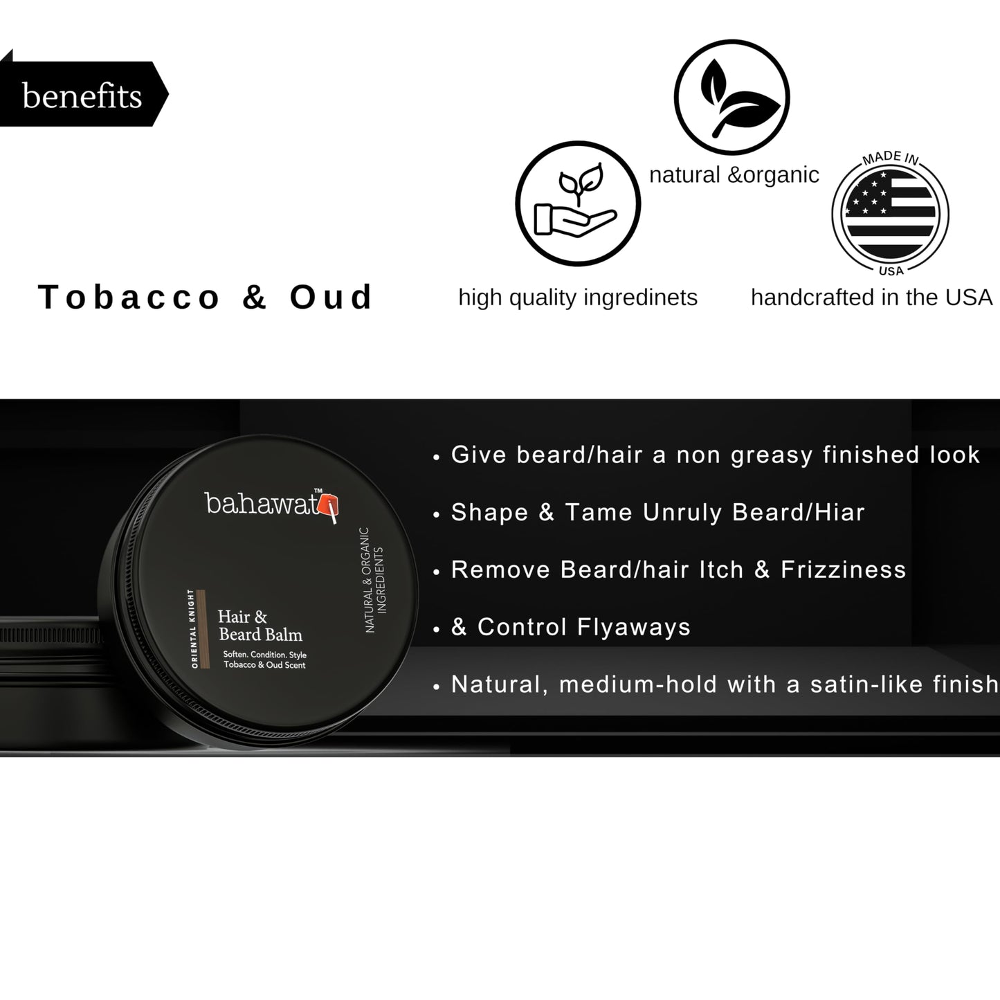 BAHAWAT Beard Balm Tobacco Oud - Styles, Strengthens & Softens Beards - Natural Beard Conditioner- ZERO GRIT Balm - reduces beard itch, 2 ounce