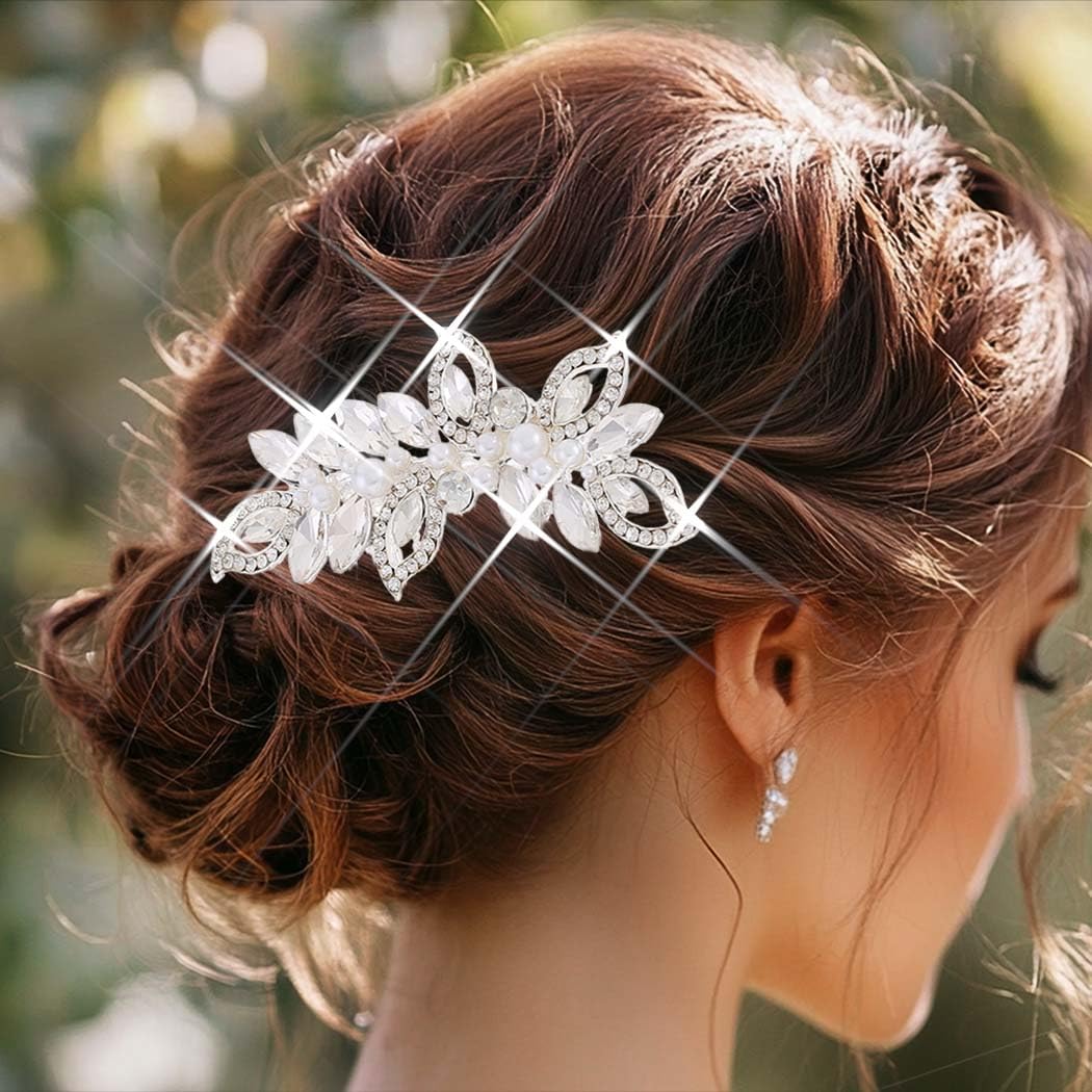 Bessney Silver Crystal Bridal Hair Comb Pearl Wedding Hair Piece Rhinestone Hair Accessories for Women