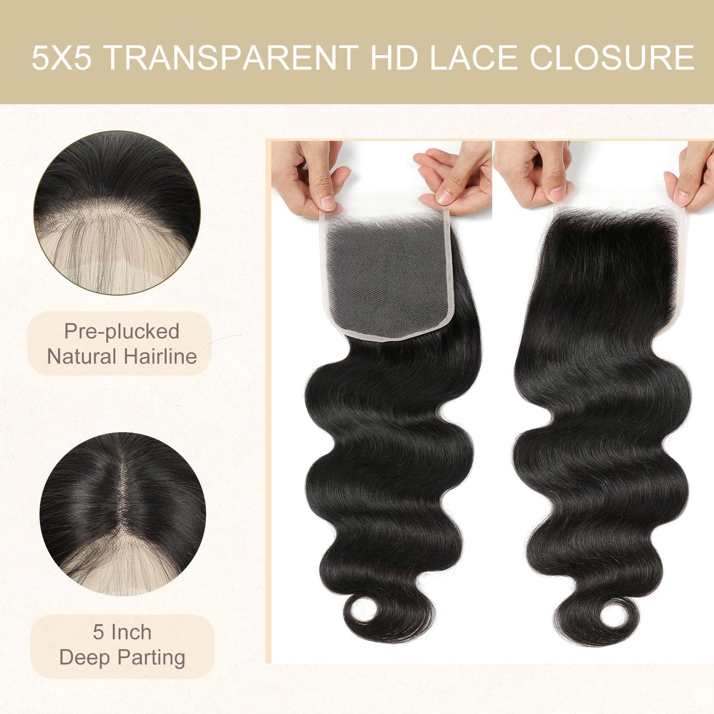 5x5 HD Lace Closure Body Wave Human Hair - Pre-Plucked Natural Hairline (10 Inch, Natural Color)