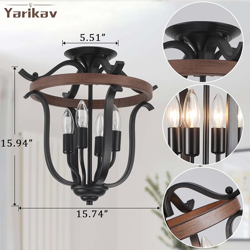 Farmhouse 4-Light Cage Chandelier - Black Metal & Faux Wood Flush Mount with Variation: Black & Imitation Wood Grain+4 Lights