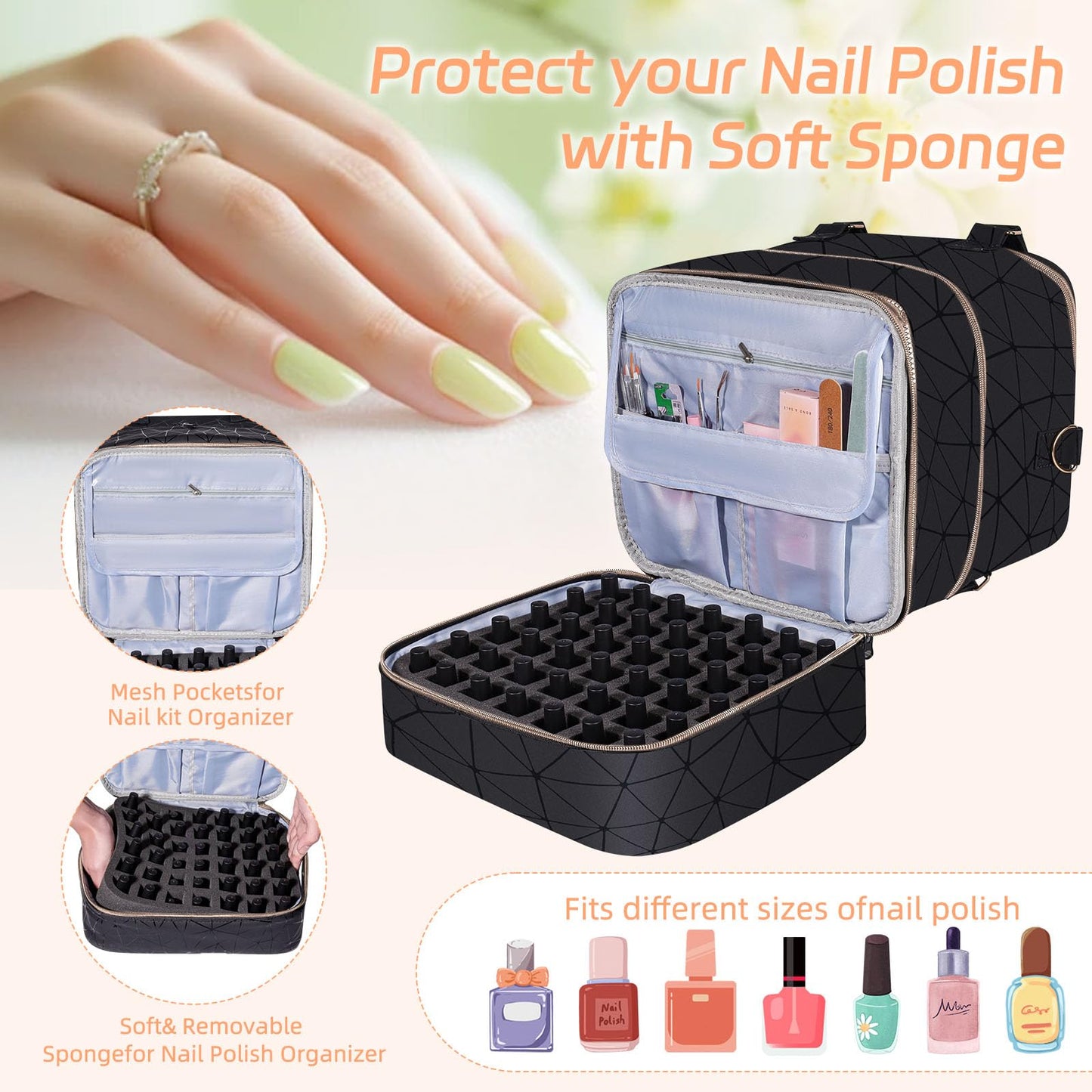 Nail Polish Organizer Case,3 Layer Nail Polish Organizer Bag Holds 84 Bottles (15ml/0.5 fl.oz) Nail Supplies Organizer,Nail Bag PU Leather Nail Carrying Nail Kit Supplies Organizer Case (Black)