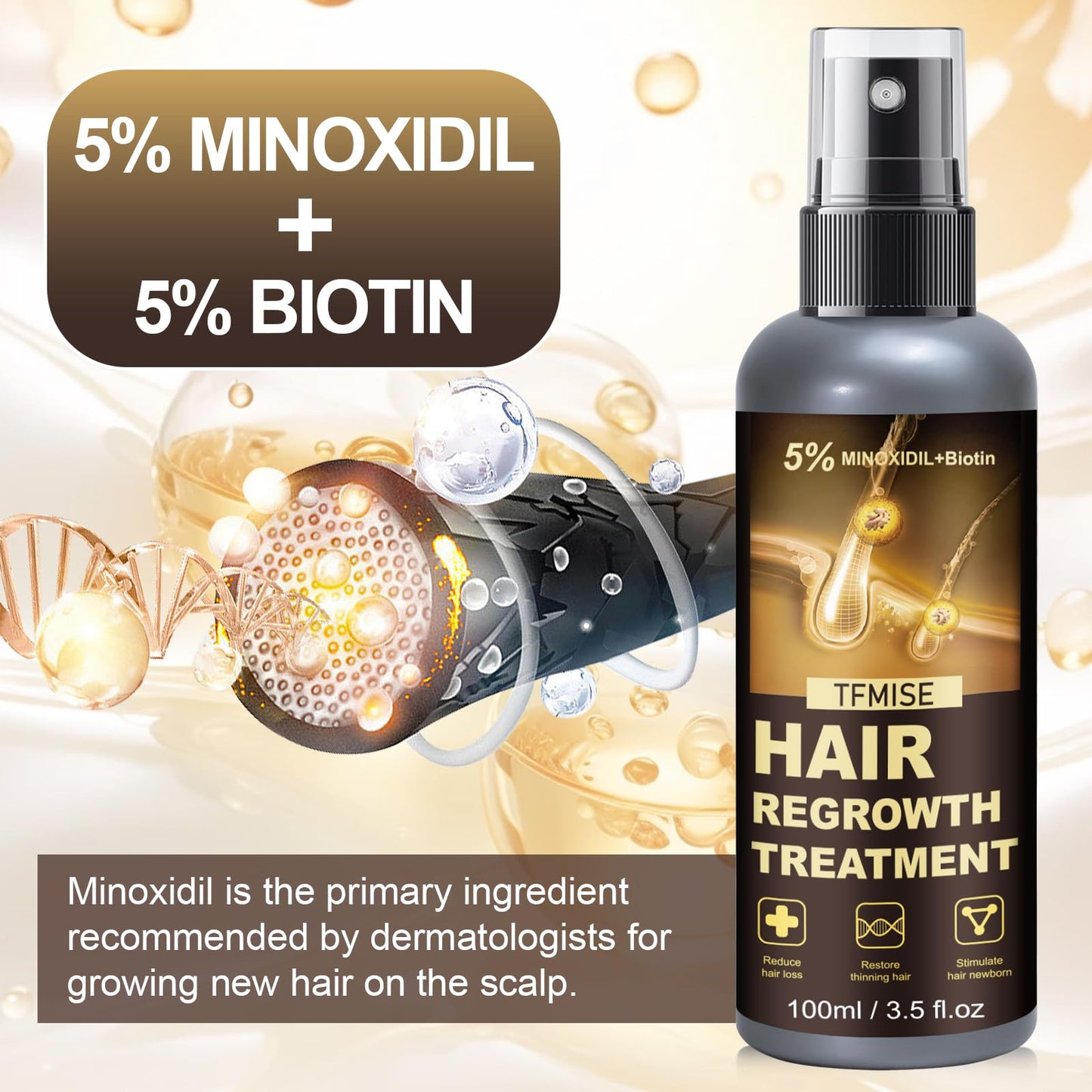 Minoxidil Spray - 5% Minoxidil for Men, Minoxidil for Women Hair Growth Products, Extra Strength Hair Regrowth Devices with Biotin, Help to Stop Loss Hair Unscented Light and non Greasy 3.38 Fl.OZ