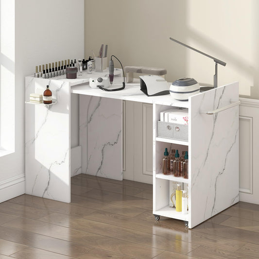 Foldable Manicure Table Nail Desk, Expandable Nail Tech Table with Storage Fabric Drawer Adjustable Shelf, Wall Mount Nail Station Modern Multipurpose Table Home Office Beauty Spa Salon, White Marble