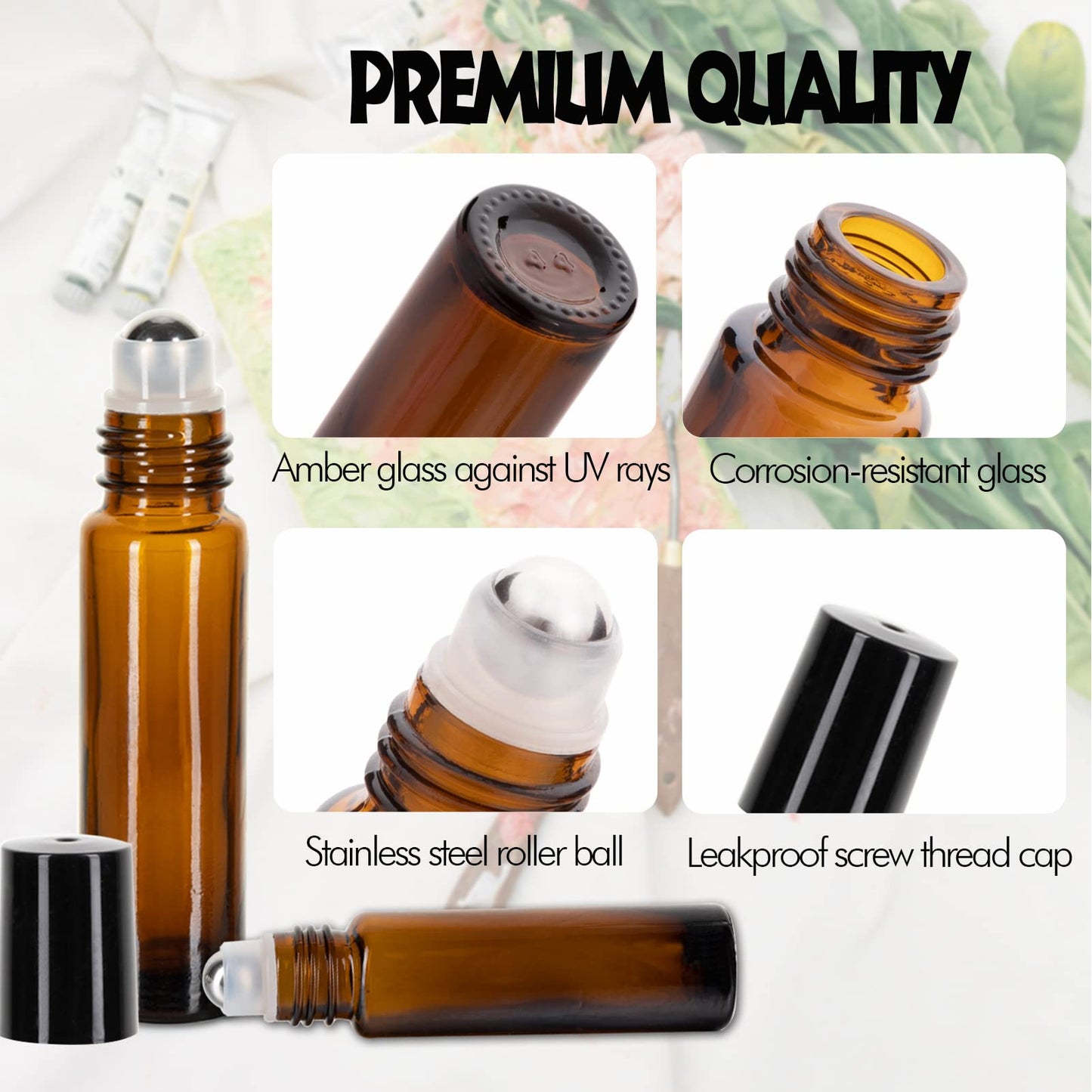 6 Pack Essential Oil Roller Bottles - 10ml Amber Glass Roll-On Bottles with Stainless Steel Roller Balls, Labels, 1*Openers, 1*Funnels, 1*Dropper
