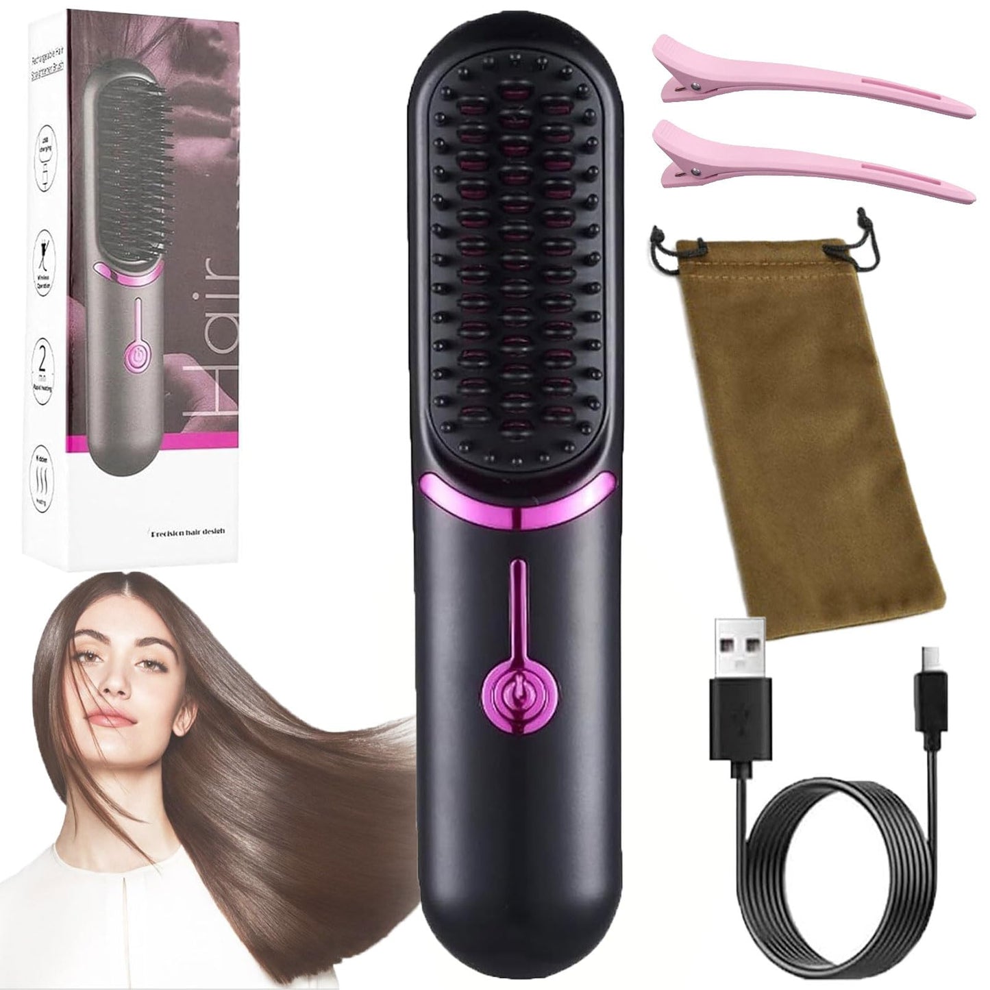 Healira Hair Straightener, Styluse Portable Hair Straightener Brush, 2-in-1 Straightener & Curler, 3 Adjustable Temperature, Rechargeable Wireless Comb, Style Your Hairs in Minutes (Black)