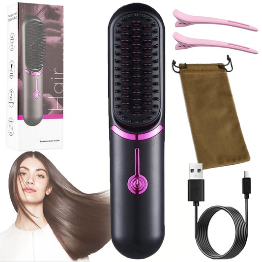 Healira Hair Straightener, Styluse Portable Hair Straightener Brush, 2-in-1 Straightener & Curler, 3 Adjustable Temperature, Rechargeable Wireless Comb, Style Your Hairs in Minutes (Black)