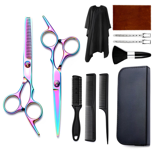 Hair Cutting Scissors Kit 11PCS, Hair Scissors Professional Haircut Scissors with Japanese Stainless Steel Hair Shears, Thinning Shears, Haircut Accessories in Leather Case for Salon/Home (Rainbow)