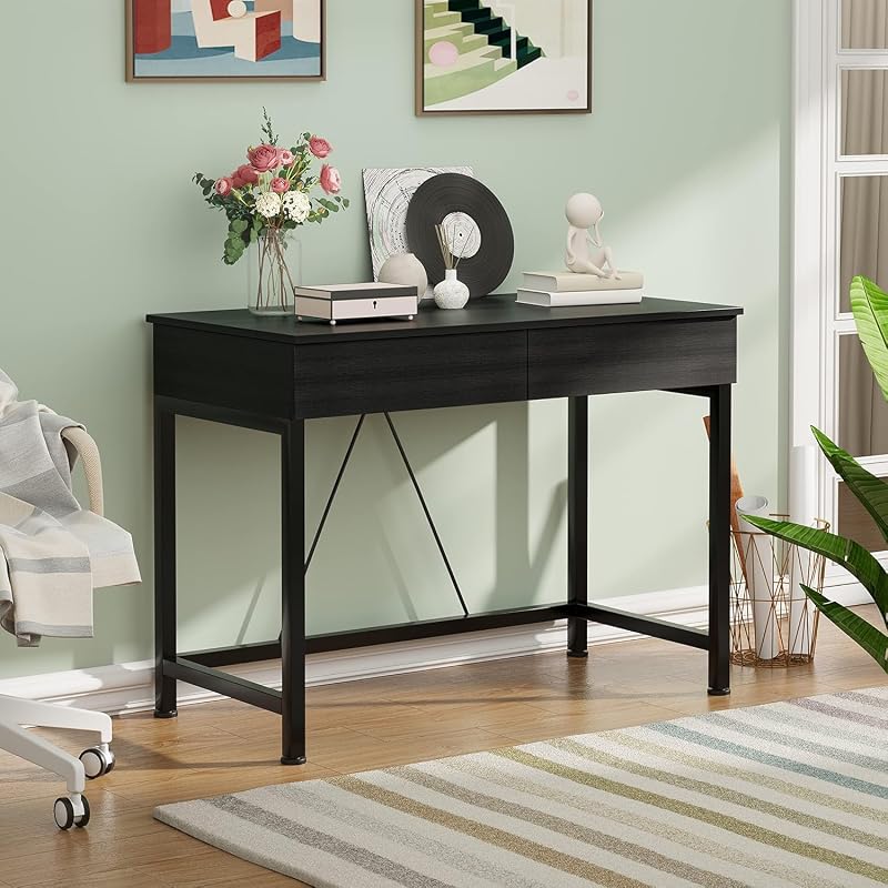 CAIYUN Small Computer Desk with Drawers - 39.4 Inch Desk with Storage, Black Wood & Metal