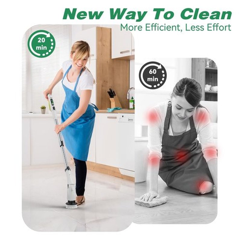 Electric Spin Scrubber Cleaning Brush, Full-Body IPX7 Waterproof Cordless Cleaning Brush with Adjustable Extension Handle, 3-Speed Shower Scrubber with 7 Replaceable Brush for Bathroom, Kitchen, Floor