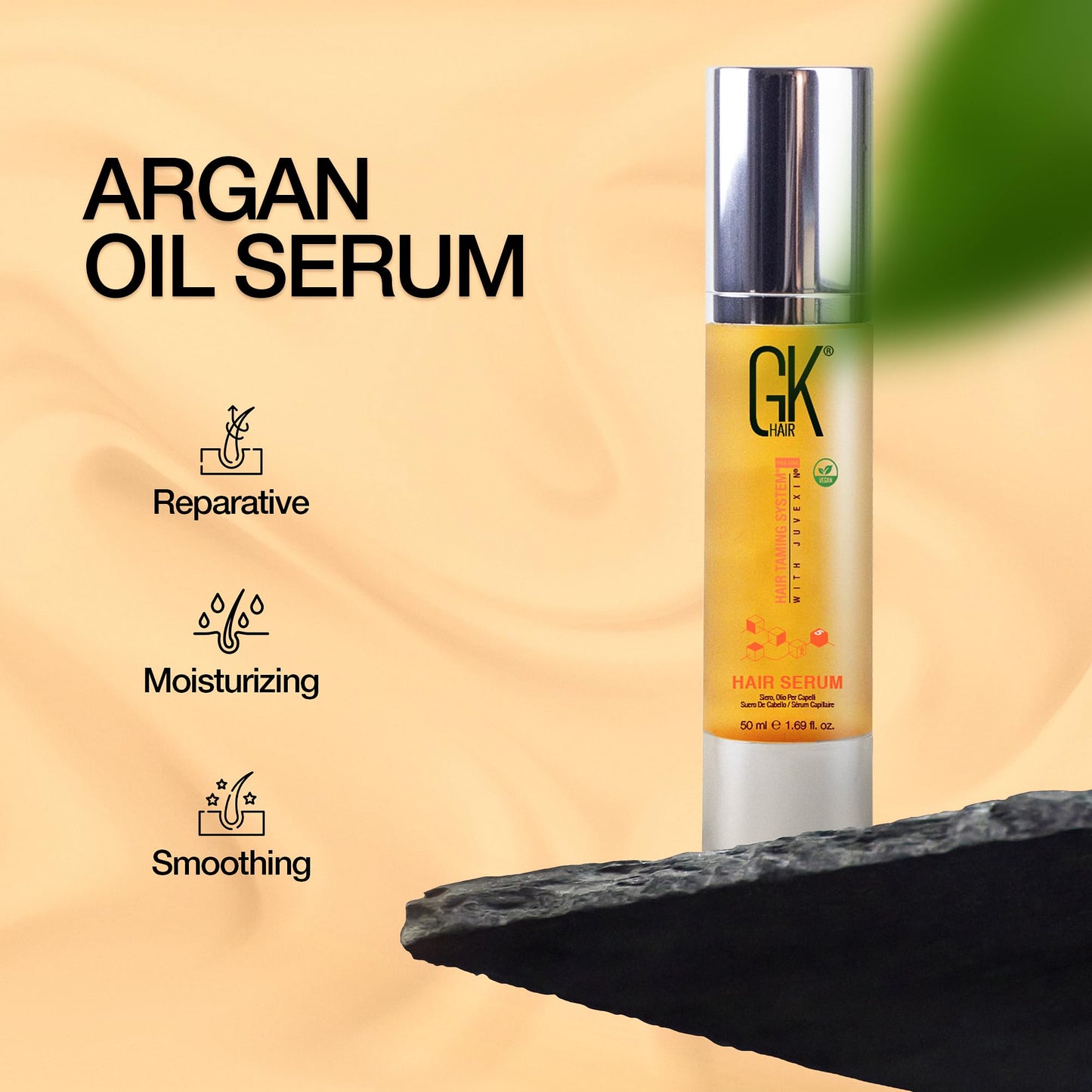 GK HAIR Global Keratin Hair Smoothing Serum (1.69 Fl. Oz/50ml) - 100% Organic Argan Oil Hydrating Strength Shine Dry Damaged Repair Anti Frizz Moistures Nourishment & Weightless Styling All Hair Types