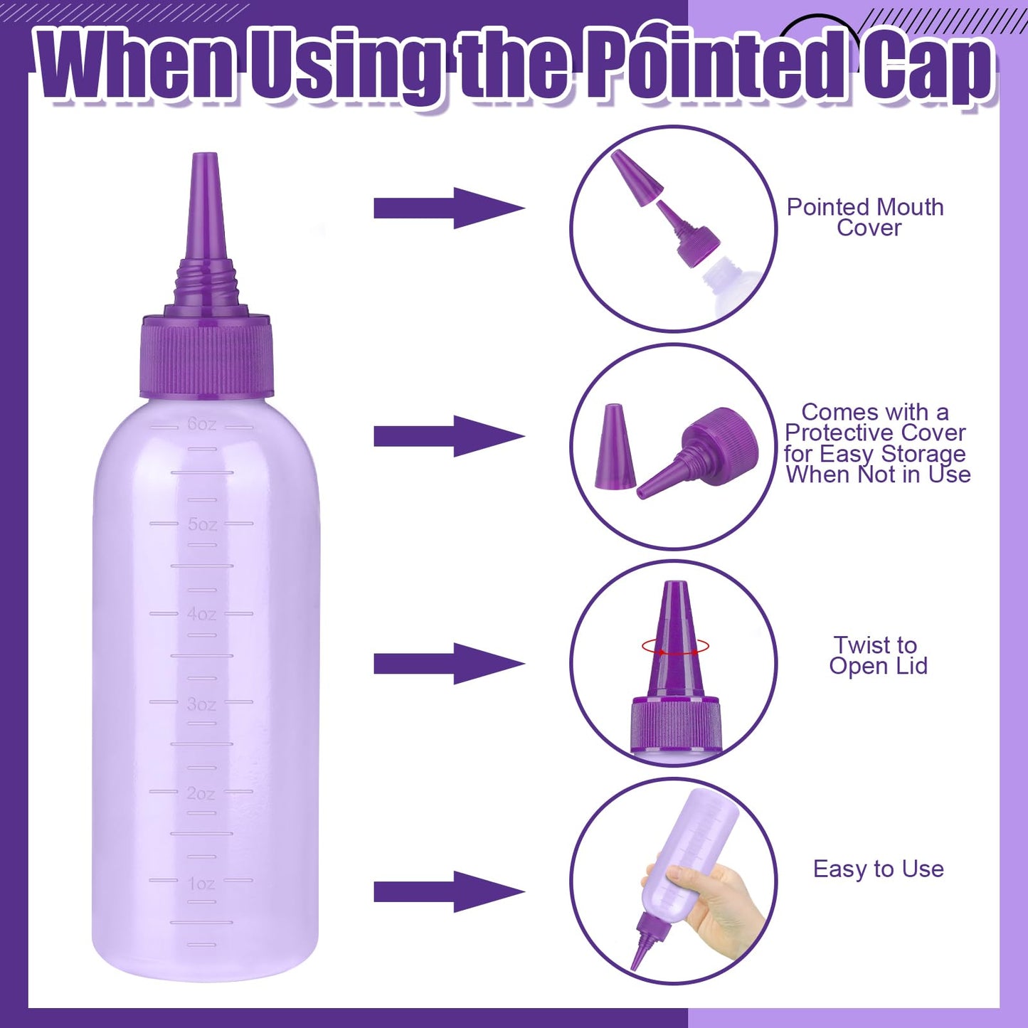 ProSuites Hair Oil Applicator Bottle with 3PCS Pointed Mouth Cover 6 Ounce Hair Dye Bottle Root Comb Applicator for Scalp (Purple)