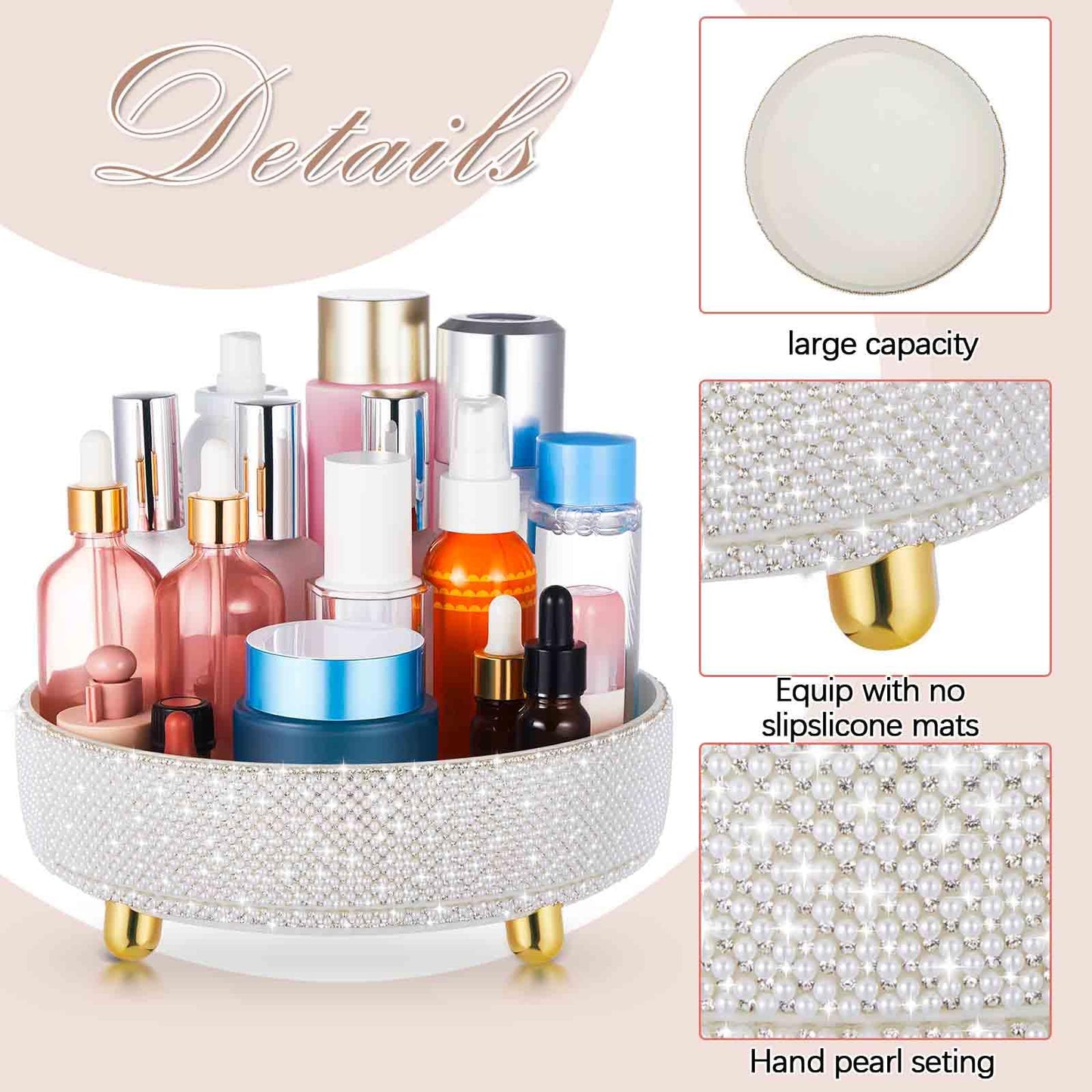 Honeydak Bling Perfume Makeup Organizer Rhinestone Bathroom Organizers and Storage 360 Rotating Makeup Organizer for Countertop Women Girls Essentials(White,Pearl)