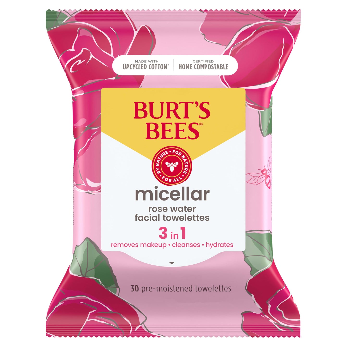Burt's Bees, Rose Water Face Wipes, for All Skin Types, Hydrating Micellar Makeup Remover & Facial Cleansing Towelettes, 30 Count (1 Pack)