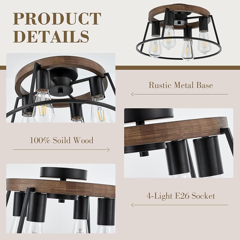 Farmhouse Wood Semi Flush Mount Ceiling Light Fixture, 4-Light Black Rustic Lamp - Black & Wood Variation