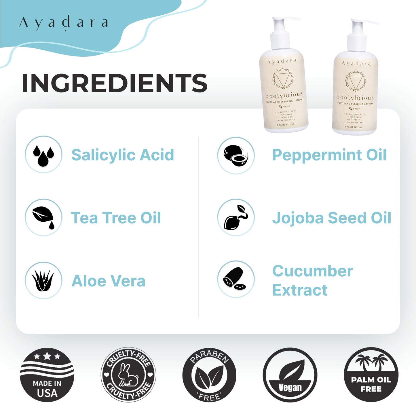 Ayadara Butt Acne Clearing Lotion, 8oz Butt Acne Cream with Salicylic Acid, Smoothing Butt Cream for Acne, Butt Acne Clearing Lotion for Women, Men, Teens, Chest and Back Acne Treatment, 90-Day Supply