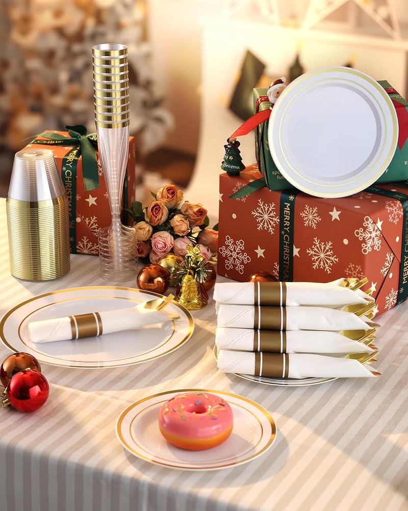 560Pcs Fancy Disposable Dinnerware Set for 70 Guests - Gold Rim Plates, Cups, Napkins & Glassware (Variation: Gold+560 Pcs)