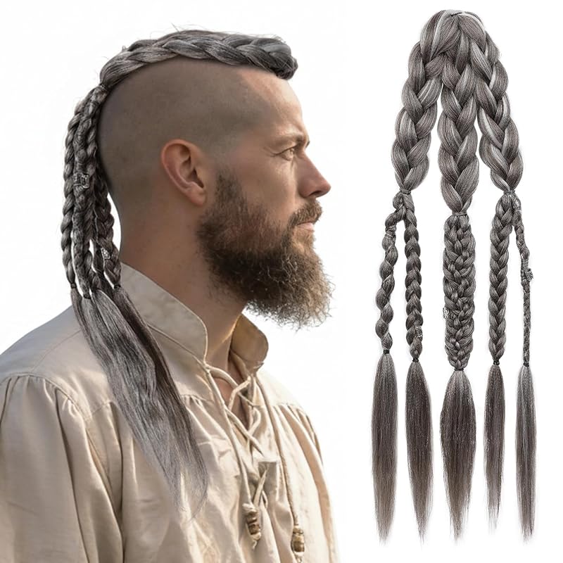 NTYNTY 24" Viking Hair Extensions for Men - Clip-In Braided Ponytail, Silver Gray