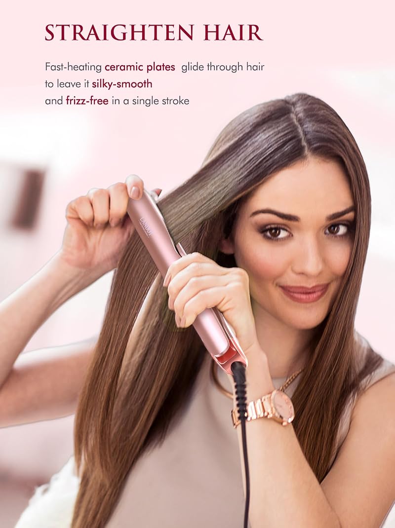 Rose Gold LANDOT 2-in-1 Hair Straightener & Curler – Dual Voltage 1"