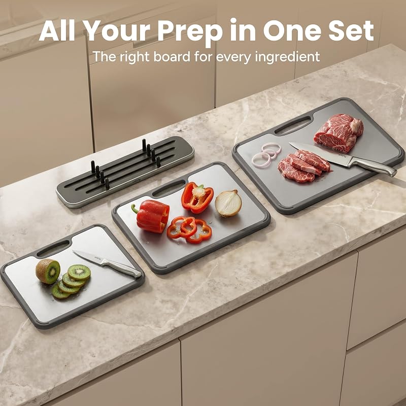 SMIRLY Titanium Cutting Board Set - 3 Pack, Dishwasher Safe, Double-Sided (Silver)