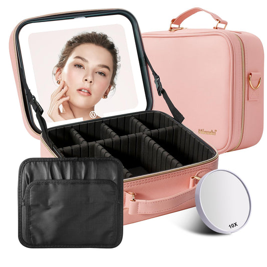 Mocado Travel Makeup Bag with LED Lighted Mirror, Travel Makeup Organizer, Makeup Case with 3 Color Lighted Setting and 10x Magnifying Mirror, Portable Storage and Adjustable Dividers Makeup Box(Pink)